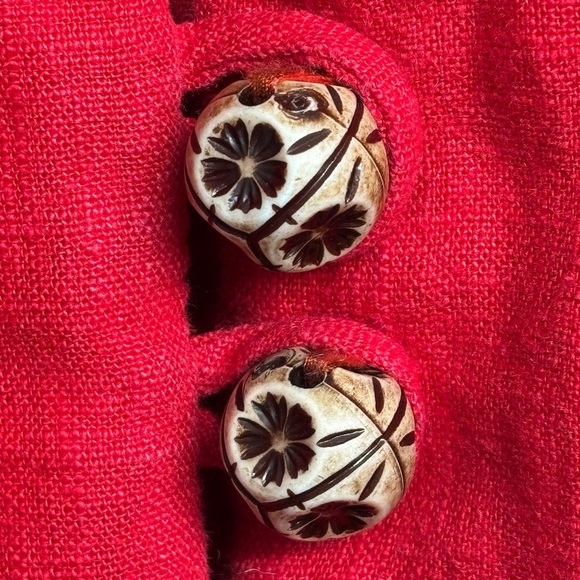 Cotton Hemp Oversized Chinese Red Coat L? Floral Cinch Sleeve - Picture 3 of 9